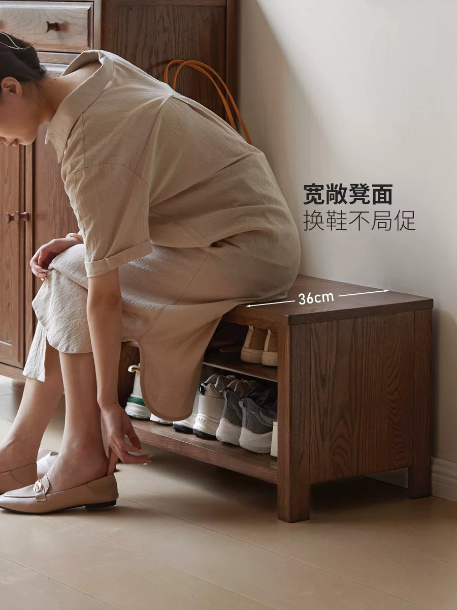 Solid wood shoe changing stool for entryway, shoe cabinet for porch, foyer shoe rack, seating bench for entrance.